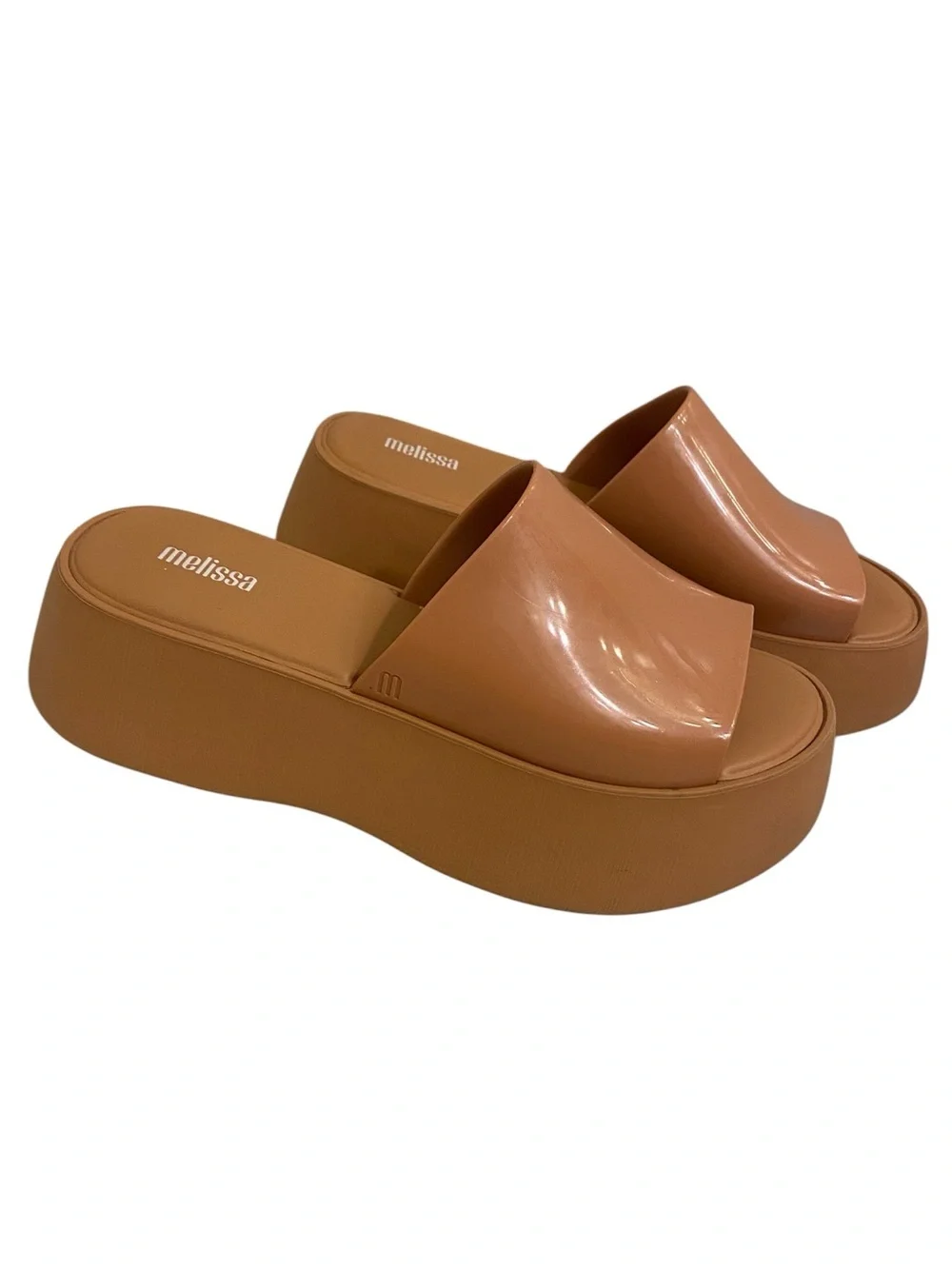 MELISSA WOMENS PLATFORM SLIDES IN CAMEL TAN SIZE 7 CHUNKY TRENDY EXPENSIVE